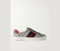 Ace Leather and Webbing-Trimmed Monogrammed Canvas Sneakers