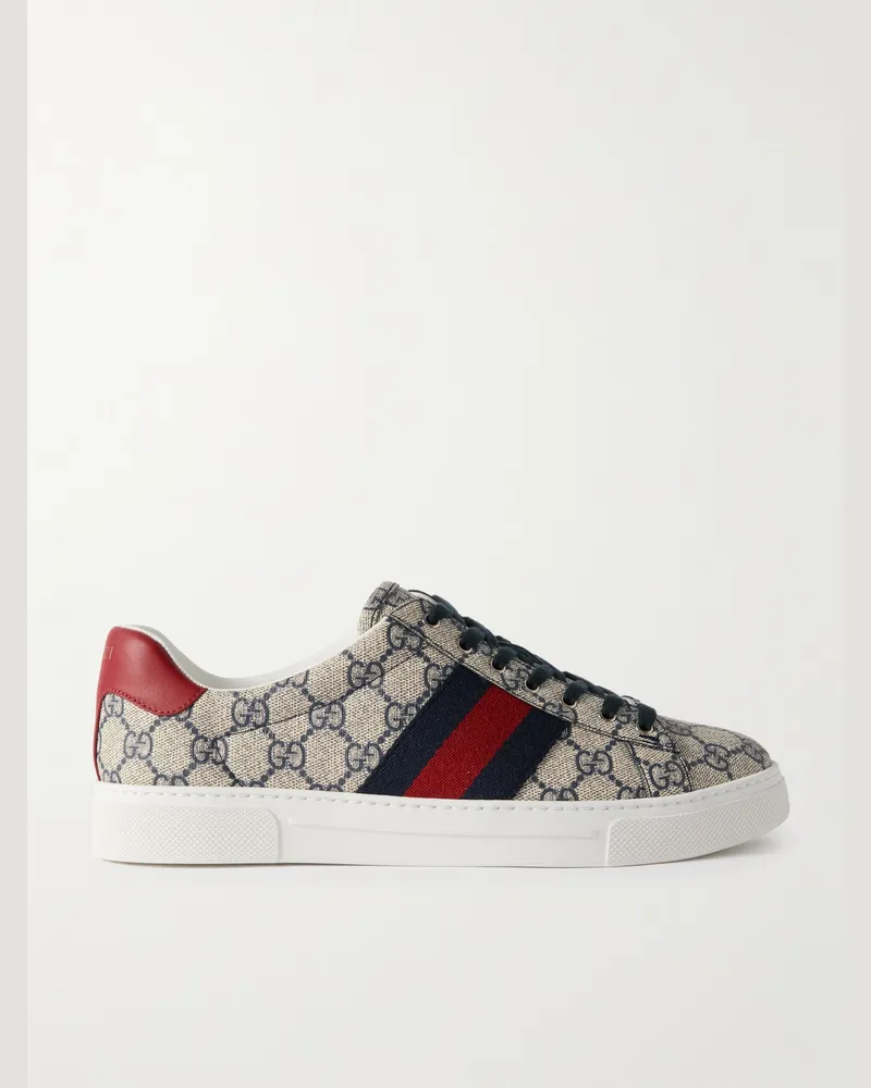 Gucci Ace Leather and Webbing-Trimmed Monogrammed Canvas Sneakers Neutrals
