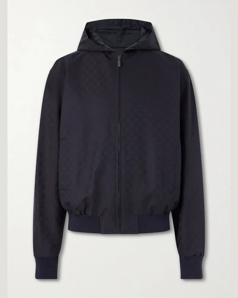 Gucci Logo-Jacquard Cotton-Canvas Hooded Jacket Blue