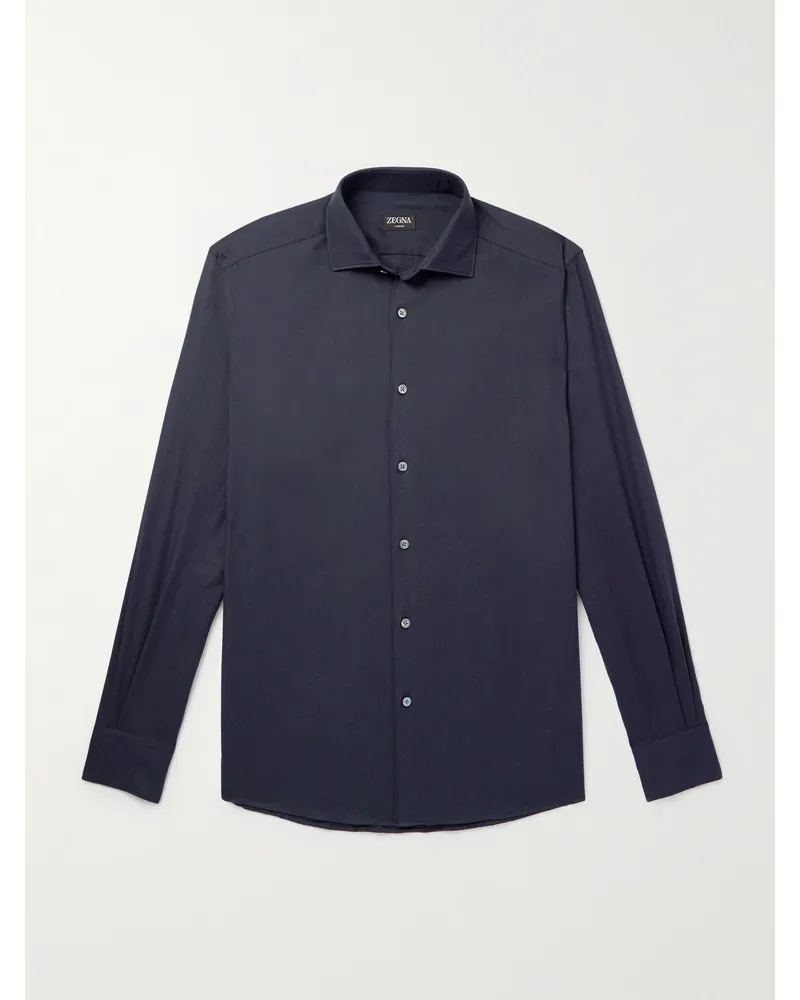 Ermenegildo Zegna Hemd aus Twill aus einer Baumwoll-Kaschmirmischung mit Cutaway-Kragen Blau