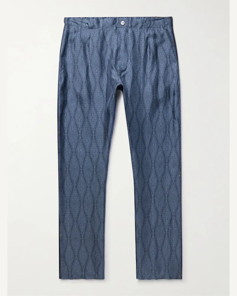 Etro Schmal und gerade geschnittene Hose aus bedrucktem Seiden-Twill Blau