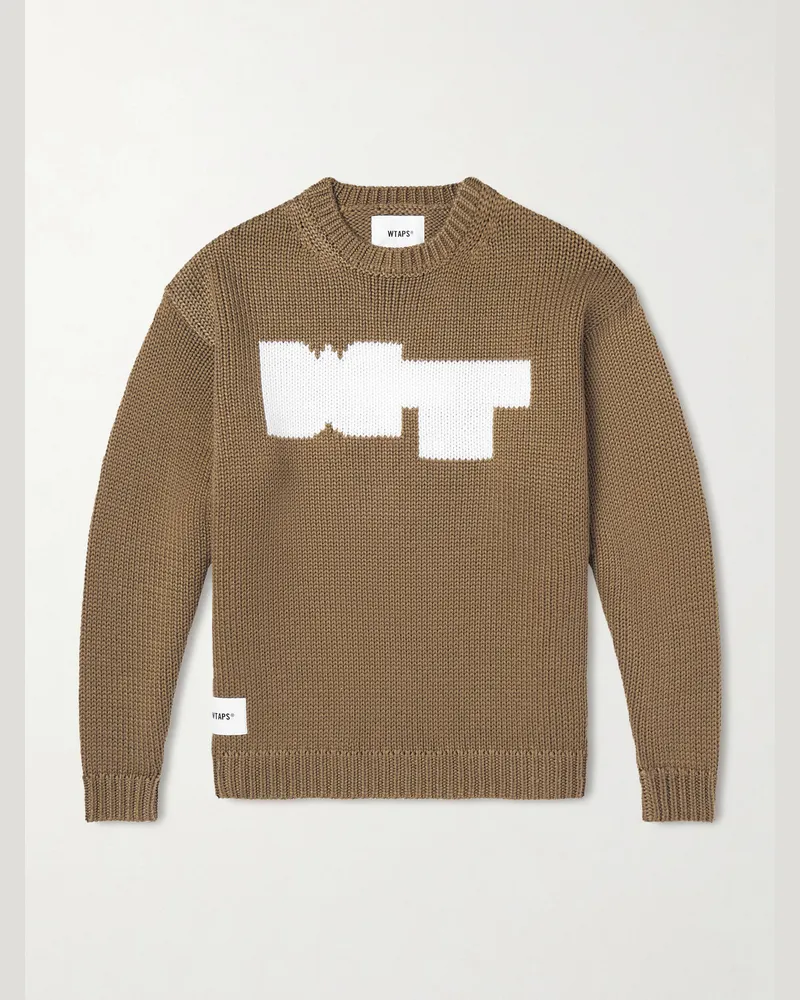 WTAPS Logo-Intarsia Ribbed-Knit Sweater Neutrals