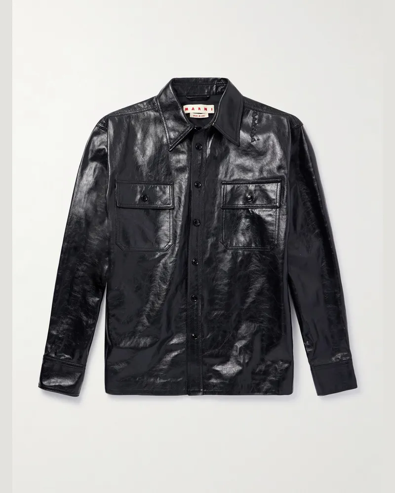 Marni Hemdjacke aus Glanzleder mit Logostickerei Schwarz
