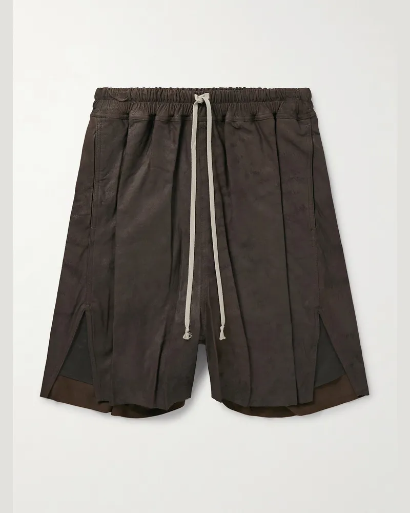 Rick Owens Straight-Leg Leather Drawstring Shorts Brown