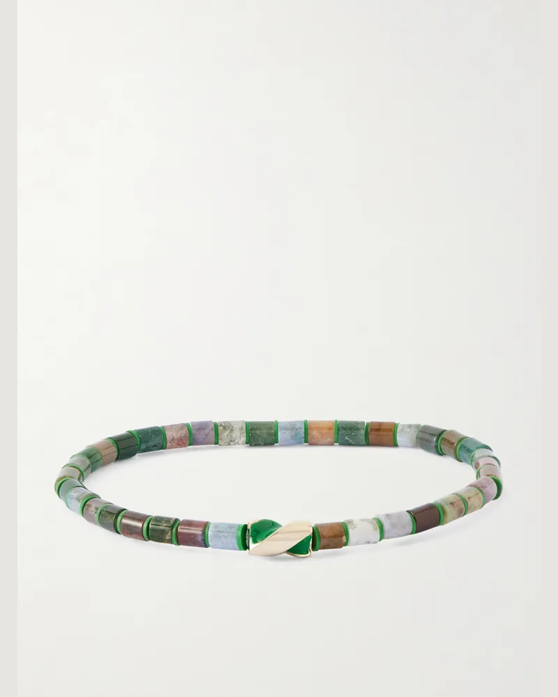 Luis Morais 14-Karat Gold, Enamel and Indian Agate Beaded Bracelet Green