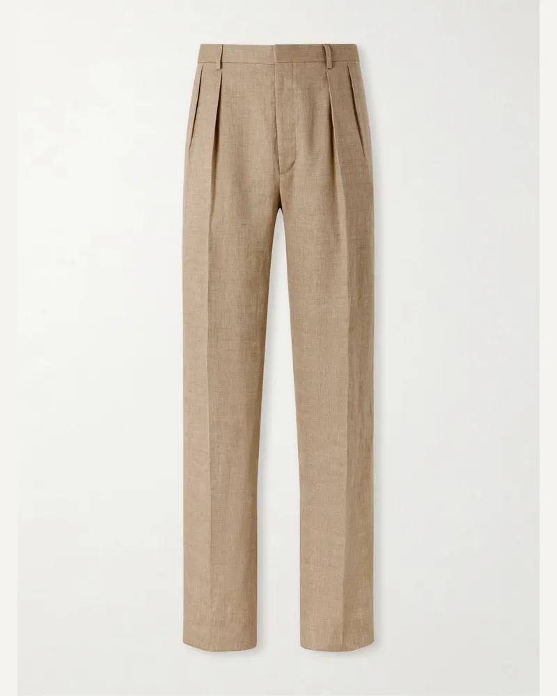 Ralph Lauren Straight-Leg Pleated Linen, Cotton and Silk-Blend Suit Trousers Neutrals