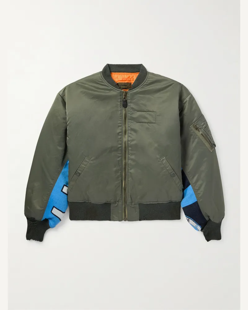 SAINT MXXXXXX Distressed Padded Jacquard-Panelled Nylon Bomber Jacket Green