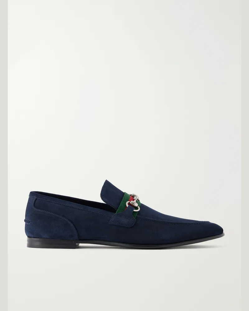 Gucci Como Horsebit-Embellished Web-Trimmed Suede Loafers Blue
