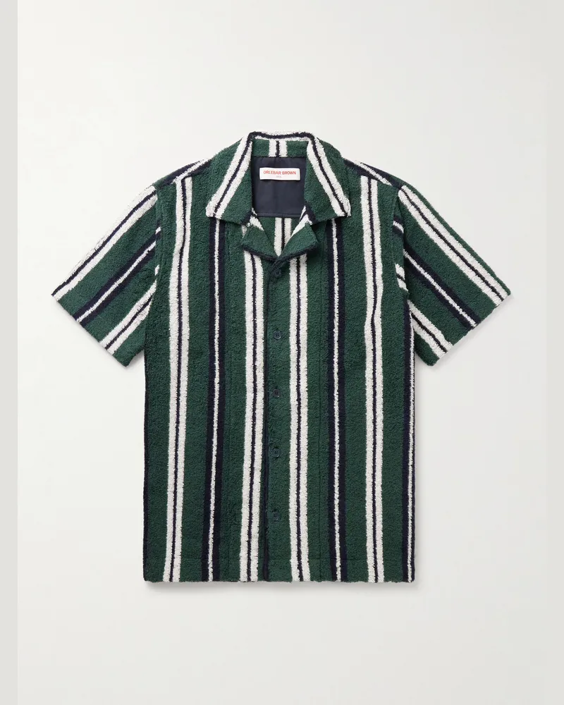 Orlebar Brown Criffith Camp-Collar Striped Cotton-Blend Terry Shirt Green