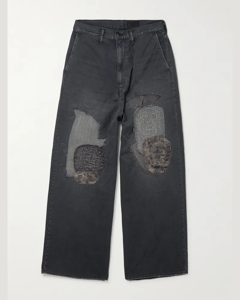 KAPITAL Katsuragi Port gerade geschnittene Patchwork-Hose aus Baumwoll-Twill mit Distressed-Details Grau