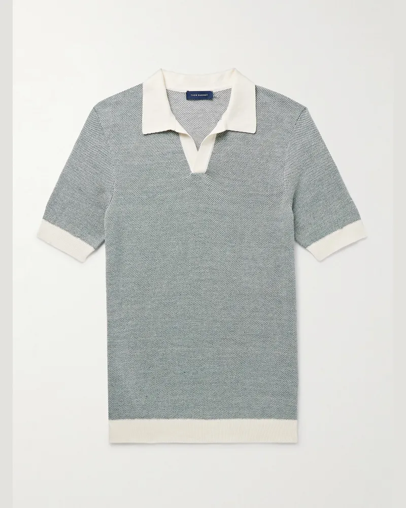 Thom Sweeney Schmal geschnittenes Polohemd aus Birdseye-Piqué aus einer Baumwoll-Leinenmischung Grün