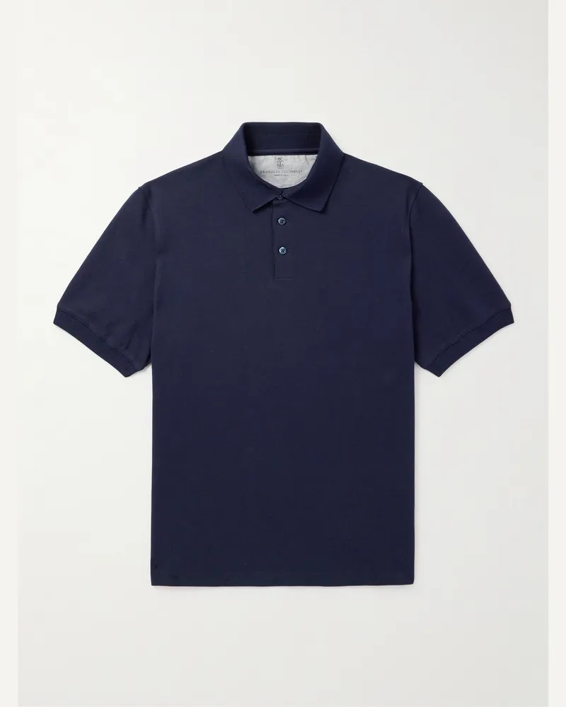 Brunello Cucinelli Schmal geschnittenes Polohemd aus Baumwoll-Piqué Blau