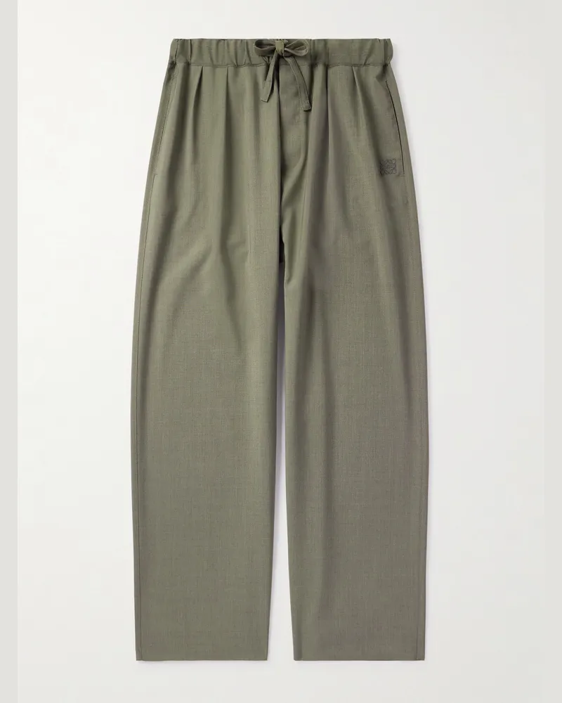Loewe Weit geschnittene Hose aus Wolle mit Kordelzugbund, Falten und Logostickerei Grün
