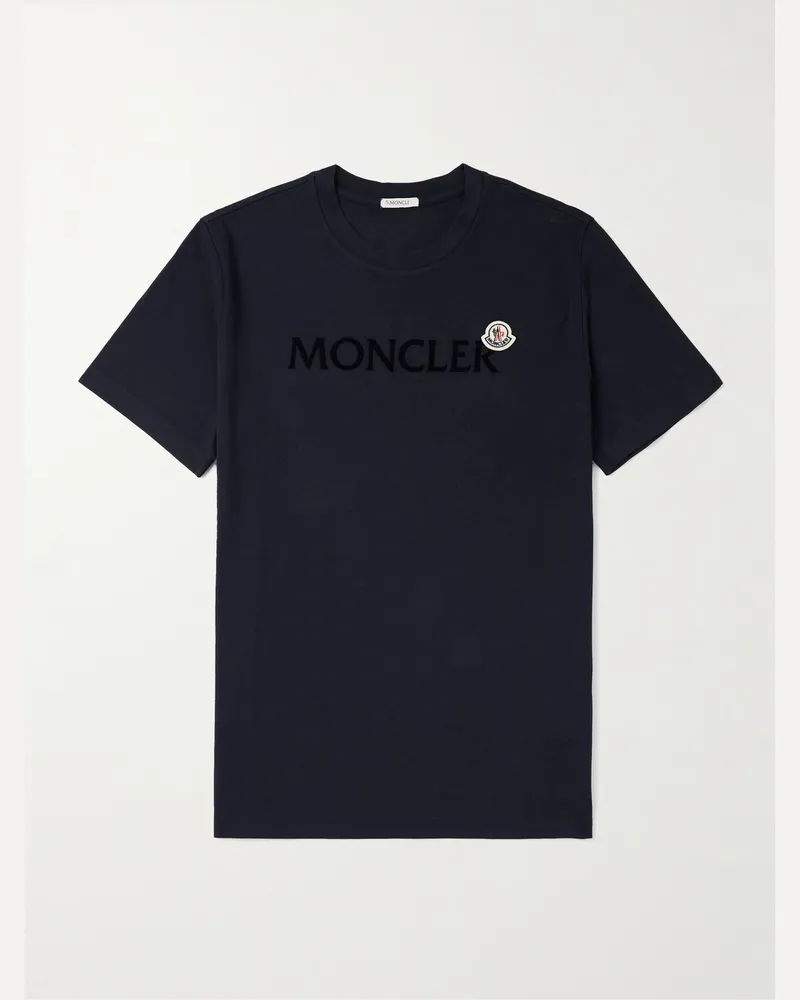 Moncler T-Shirt aus Baumwoll-Jersey mit Logoflockdruck und Applikation Blau