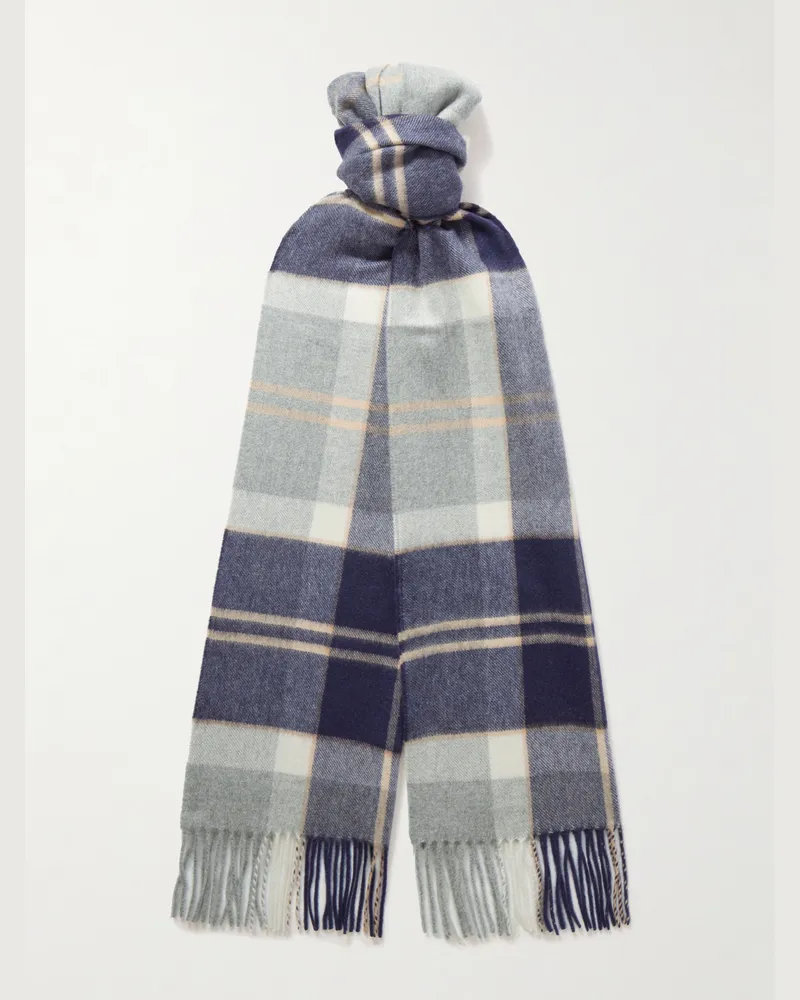 Johnstons of Elgin Fringed Checked Cashmere Scarf Blue