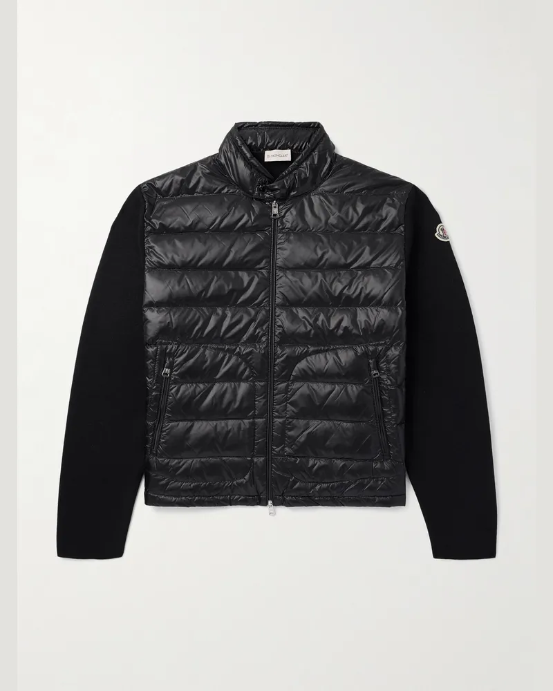 Moncler Schmal geschnittene Jacke aus Wolle und gestepptem Nylon mit Daunenfüllung und Logoapplikation Schwarz