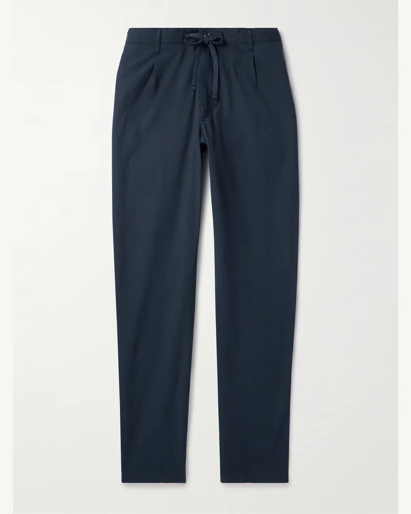 Hartford Tanker Straight-Leg Pleated Stretch-Cotton Drawstring Trousers Blue