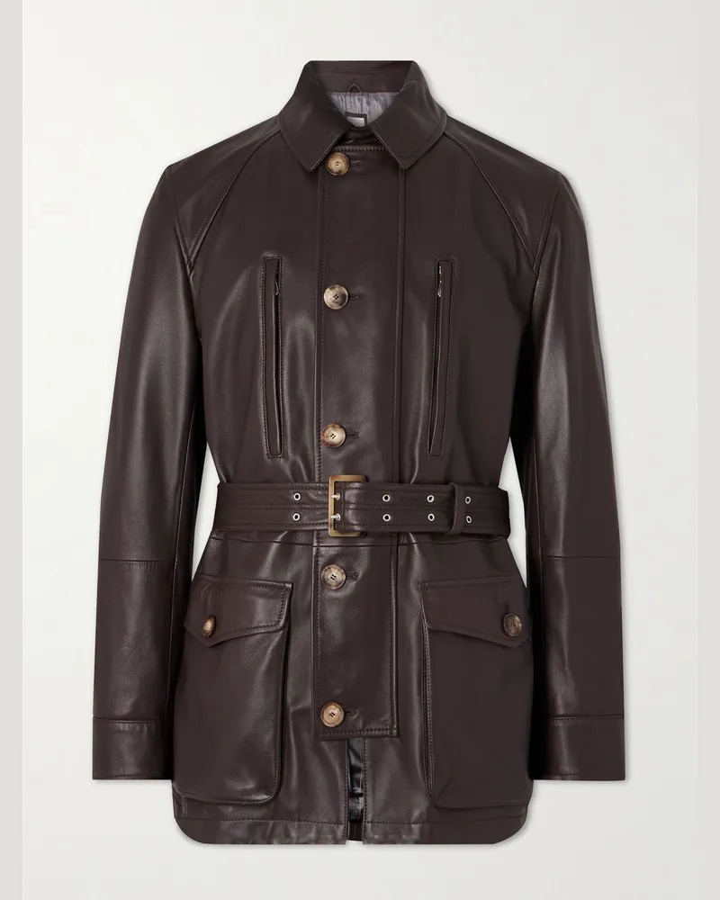 Brunello Cucinelli Jacke aus vollnarbigem Leder mit Gürtel Braun