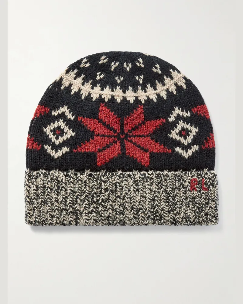 Ralph Lauren Beanie aus einer Mischung aus Wolle, Baumwolle und Leinen mit Fair-Isle-Muster Schwarz