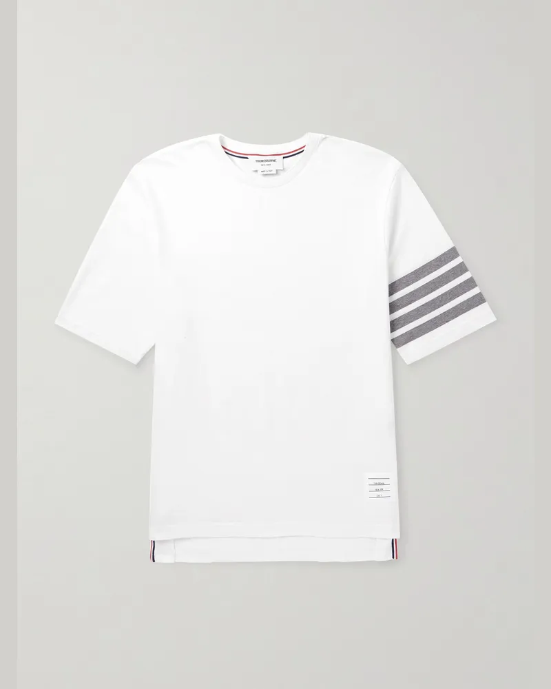 Thom Browne T-Shirt aus Baumwoll-Jersey mit Logoapplikation und Streifen Weiß
