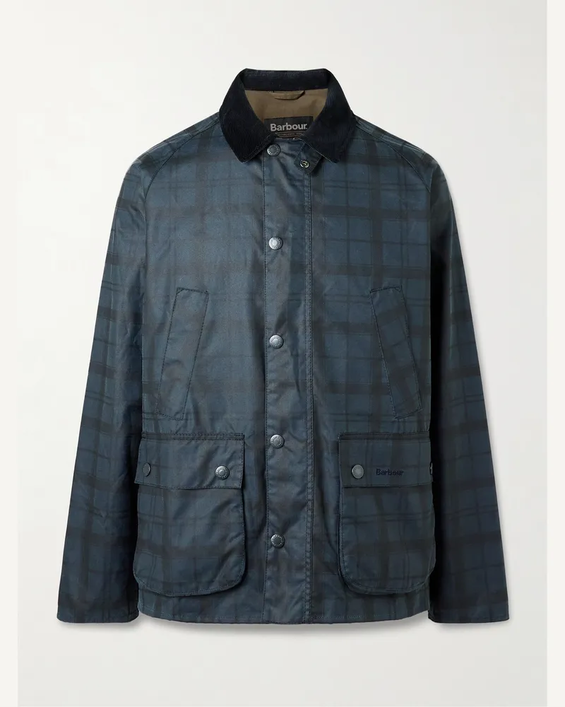 Barbour Ambleside karierte Jacke aus gewachster Baumwolle mit Cordkragen Blau