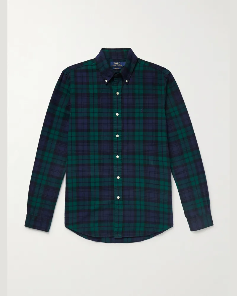 Ralph Lauren Kariertes Hemd aus gebürstetem Baumwoll-Oxford mit Button-Down-Kragen und Logostickerei Blau