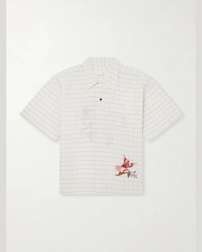 KARDO Rohit Embroidered Checked Cotton Shirt Neutrals