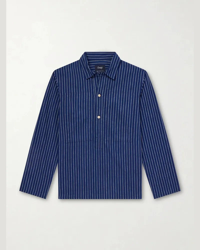 Drake's Striped Cotton Polo Shirt Blue