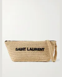 Saint Laurent Logo-Embroidered Raffia Messenger Bag Neutral