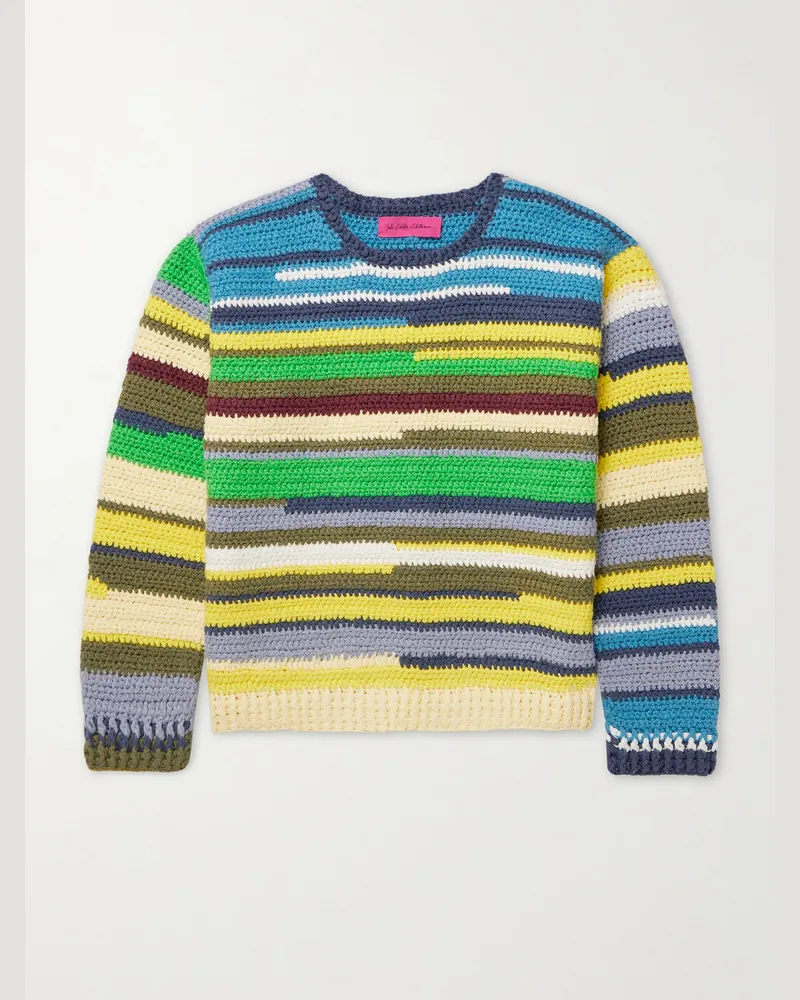 The Elder Statesman Striped Crocheted Organic Cotton Sweater Yellow