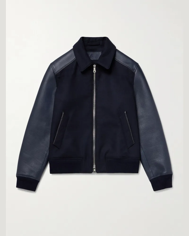 MR P. Collegejacke aus gerippter Wolle und strukturiertem Leder Blau