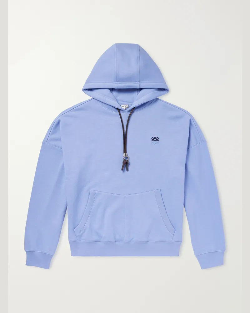 Loewe Anagram-Embroidered Leather-Trimmed Cotton-Jersey Hoodie Blue