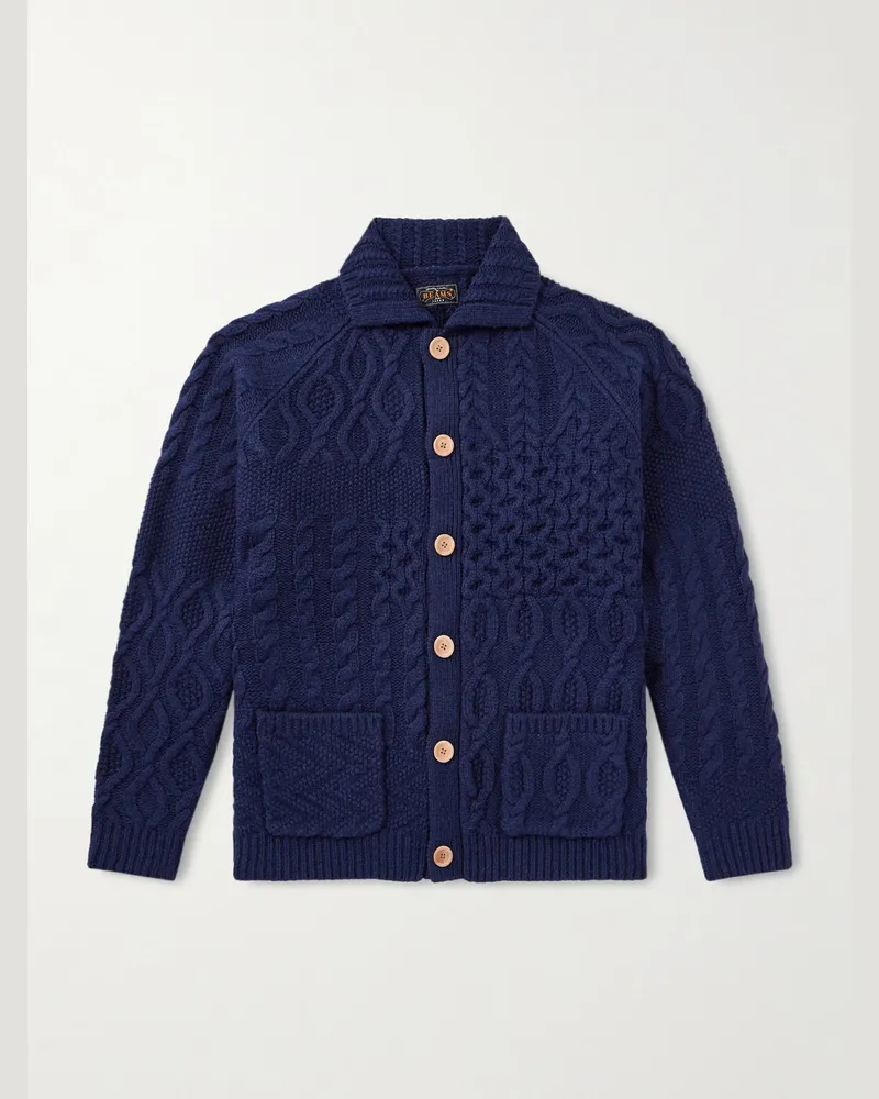 Beams Plus Alan Cardigan aus Wolle in Zopfstrick und Patchwork-Optik Blau