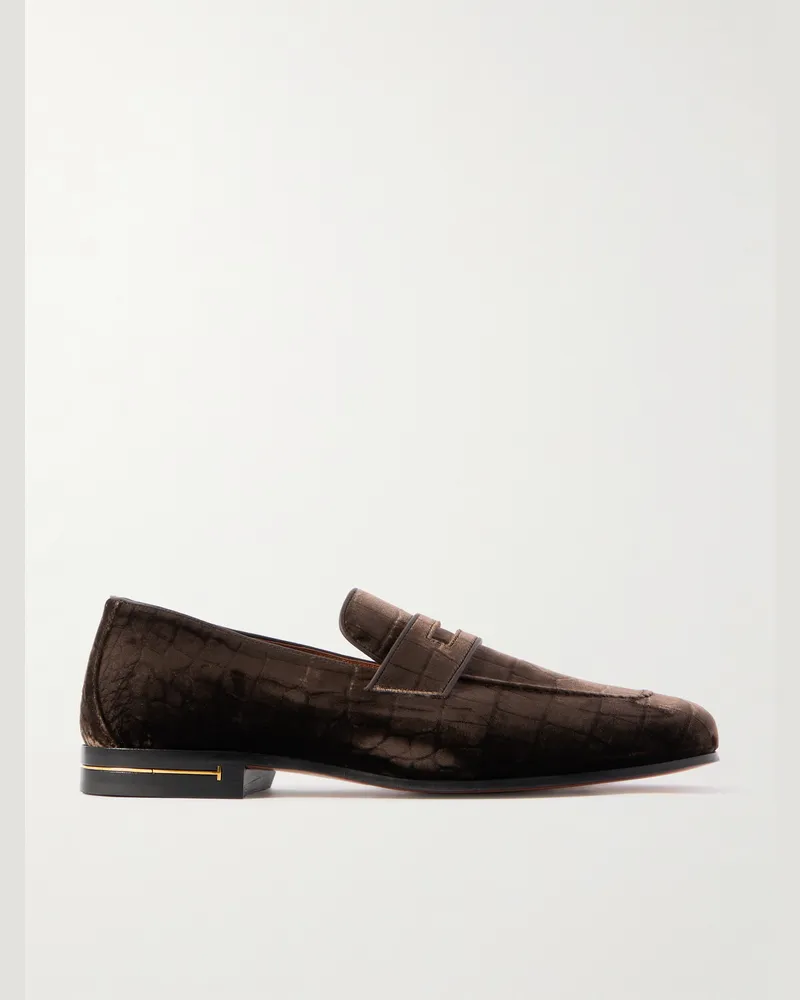 Tom Ford Gigi Leather-Trimmed Croc-Effect Velvet Penny Loafers Brown