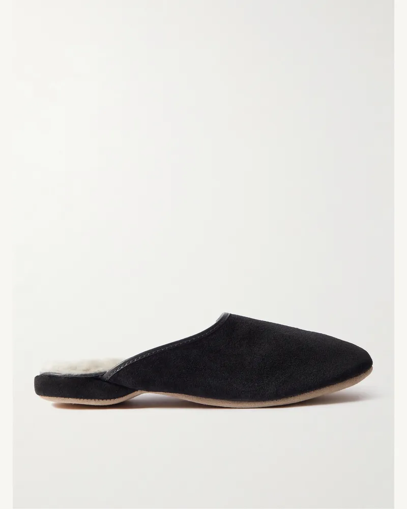 Derek Rose Douglas Slippers aus Veloursleder mit Shearling-Futter und Lederbesatz Schwarz