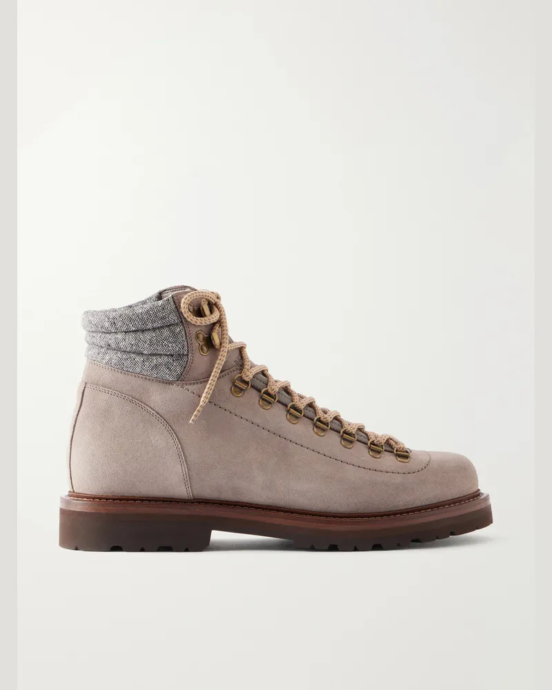 Brunello Cucinelli Leather-Trimmed Suede Hiking Boots Neutrals