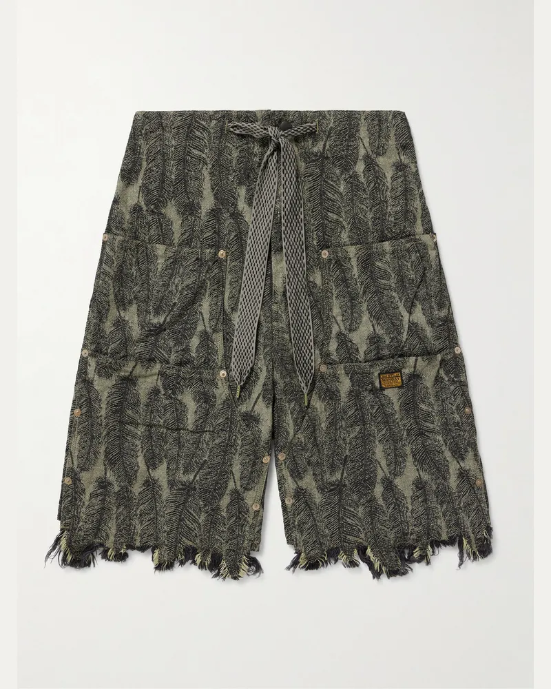 KAPITAL Magpie Straight-Leg Distressed Cotton-Jacquard Drawstring Shorts Green