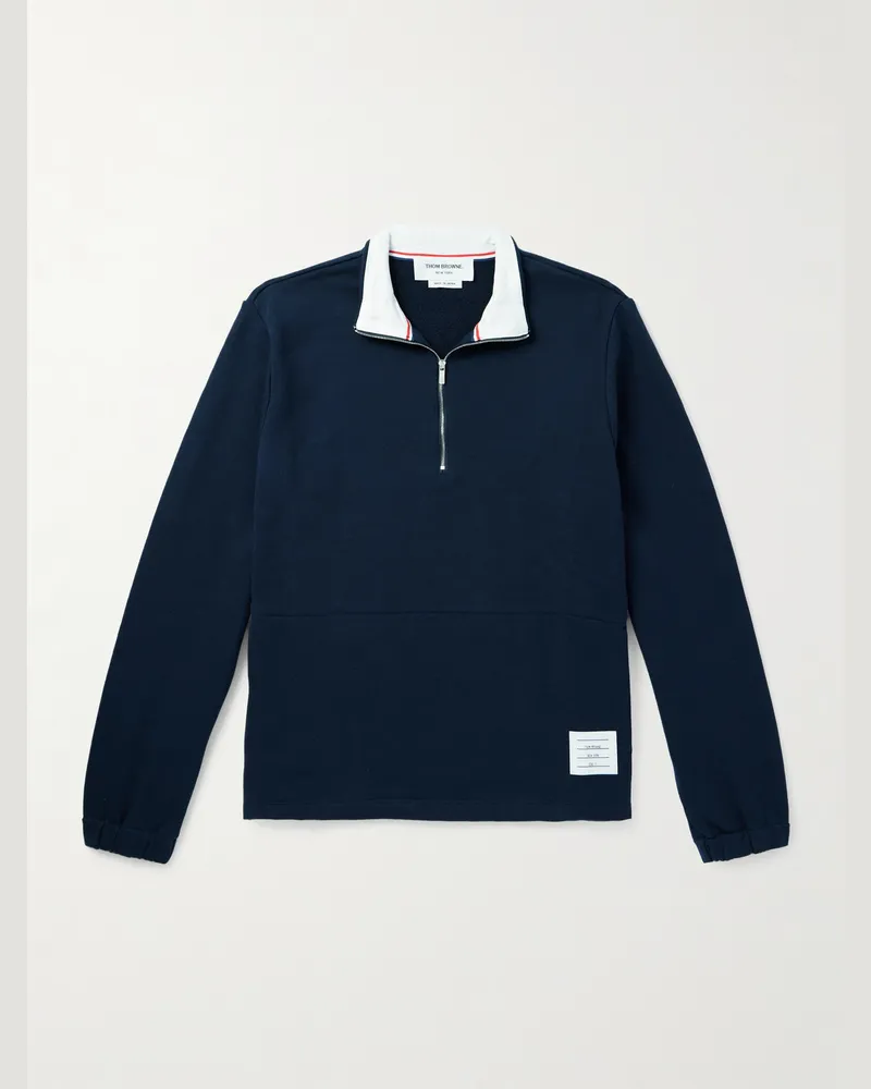 Thom Browne Sweatshirt aus Baumwoll-Jersey mit Logoapplikation und kurzem Reißverschluss Blau