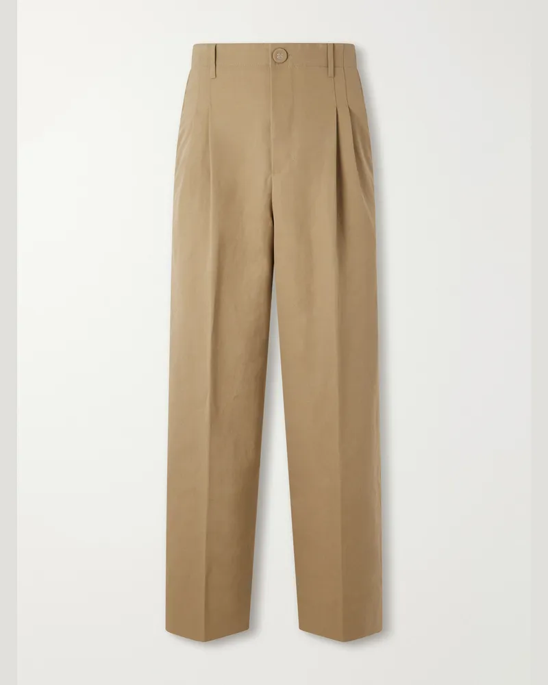 AMI Paris Carrot Straight-Leg Pleated Cotton and Linen-Blend Trousers Neutrals