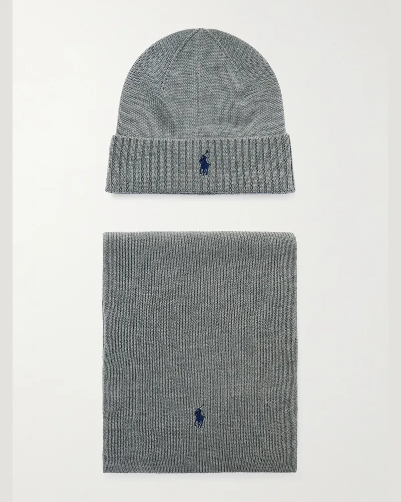 Ralph Lauren Logo-Embroidered Ribbed Wool Beanie and Scarf Set Gray