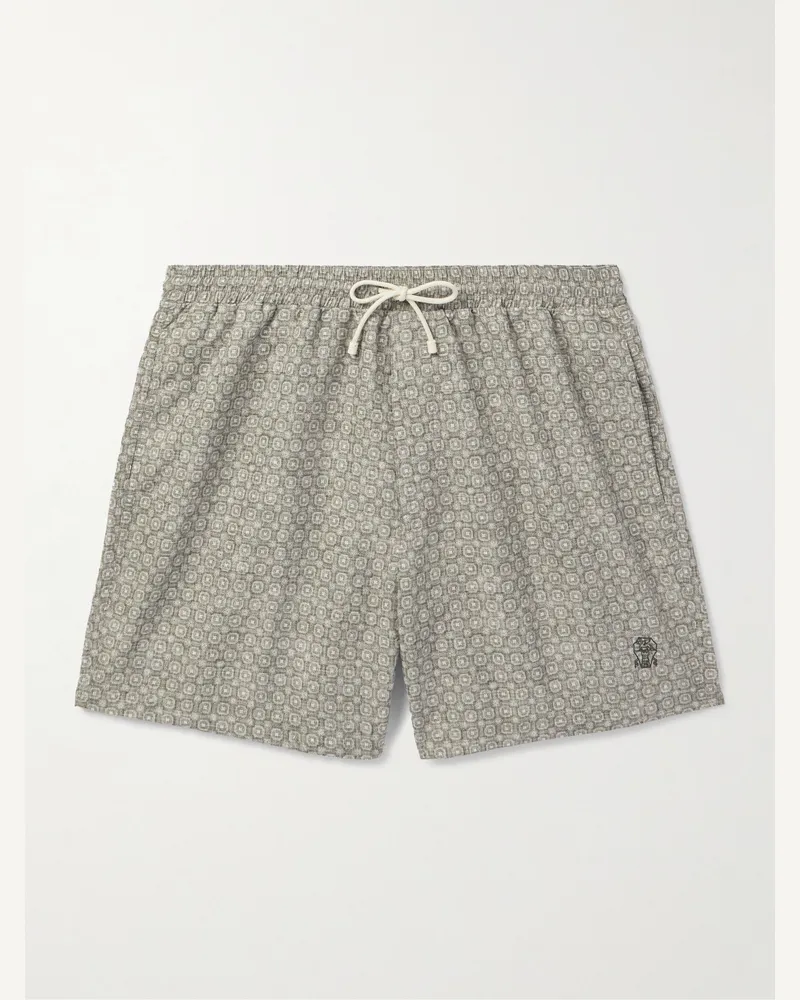 Brunello Cucinelli Gerade geschnittene mittellange Badeshorts mit Logostickerei und Print Grau