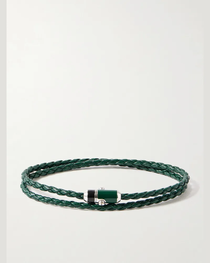 Bottega Veneta Wickelarmband aus geflochtenem Leder mit emailliertem Detail aus Sterlingsilber Grün