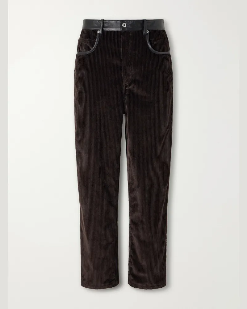 Bottega Veneta Straight-Leg Leather-Trimmed Cotton-Corduroy Trousers Brown
