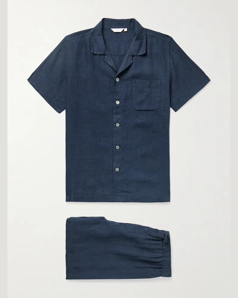 Derek Rose Sicily 1 Linen Pyjama Set Blue