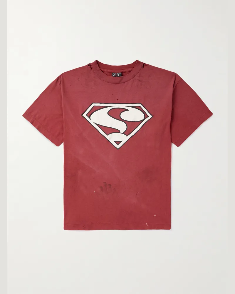 SAINT MXXXXXX Saint Superman Distressed Paint-Splattered Printed Cotton-Jersey T-Shirt Burgundy
