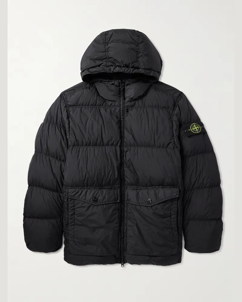 Stone Island Daunenjacke aus gestepptem recyceltem Nylon mit Kapuze und Logoapplikation Schwarz