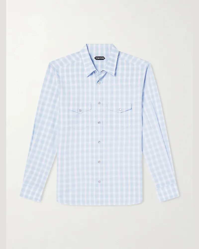 Tom Ford Schmal geschnittenes Hemd aus einer Baumwoll-Leinenmischung mit Karomuster Blau