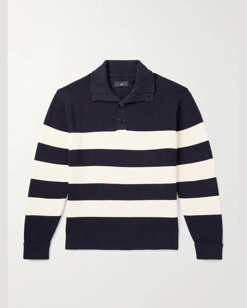 Dunhill Striped Ribbed Cotton Half-Placket Sweater Blue