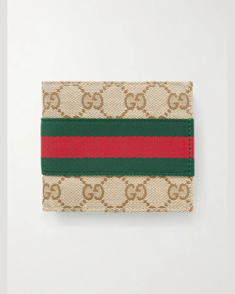 Gucci Webbing-Trimmed Monogrammed Canvas Bi-Fold Wallet Neutrals