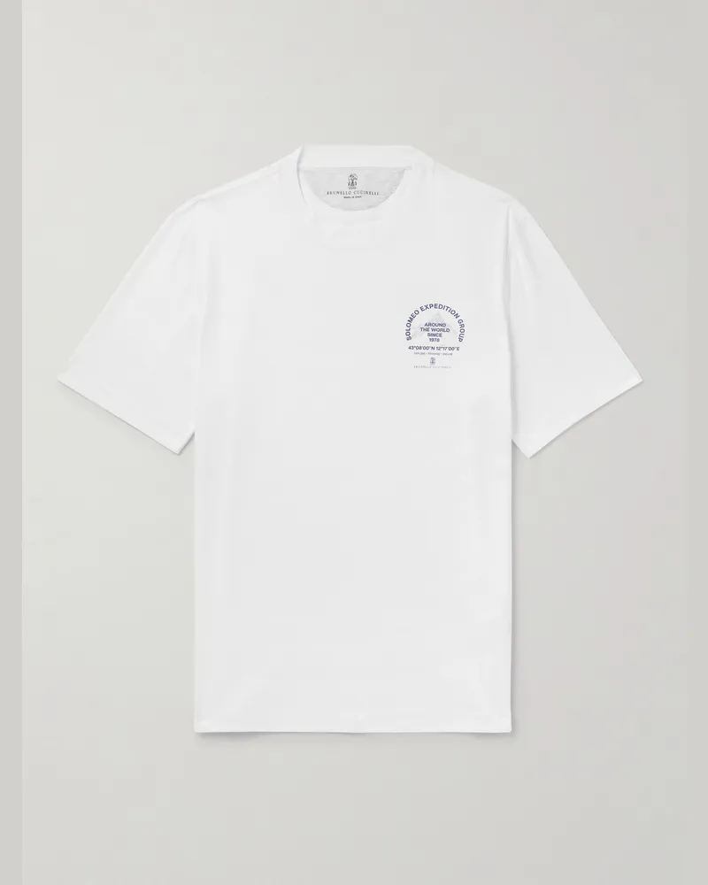 Brunello Cucinelli T-Shirt aus Baumwoll-Piqué mit Logoprint Weiß